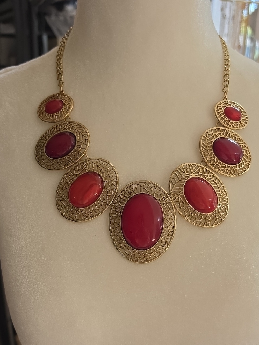 Gold-Tone Red Statement Bib Necklace - Elegant Women Jewelry